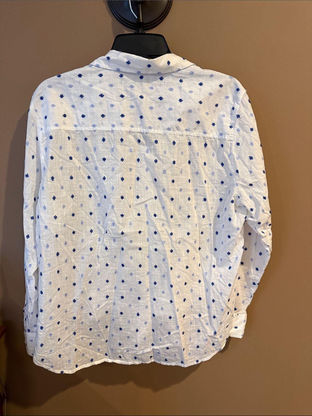 LOFT White Button-Down Shirt with Blue Dot Print and Front Tie - Picture 3 of 5